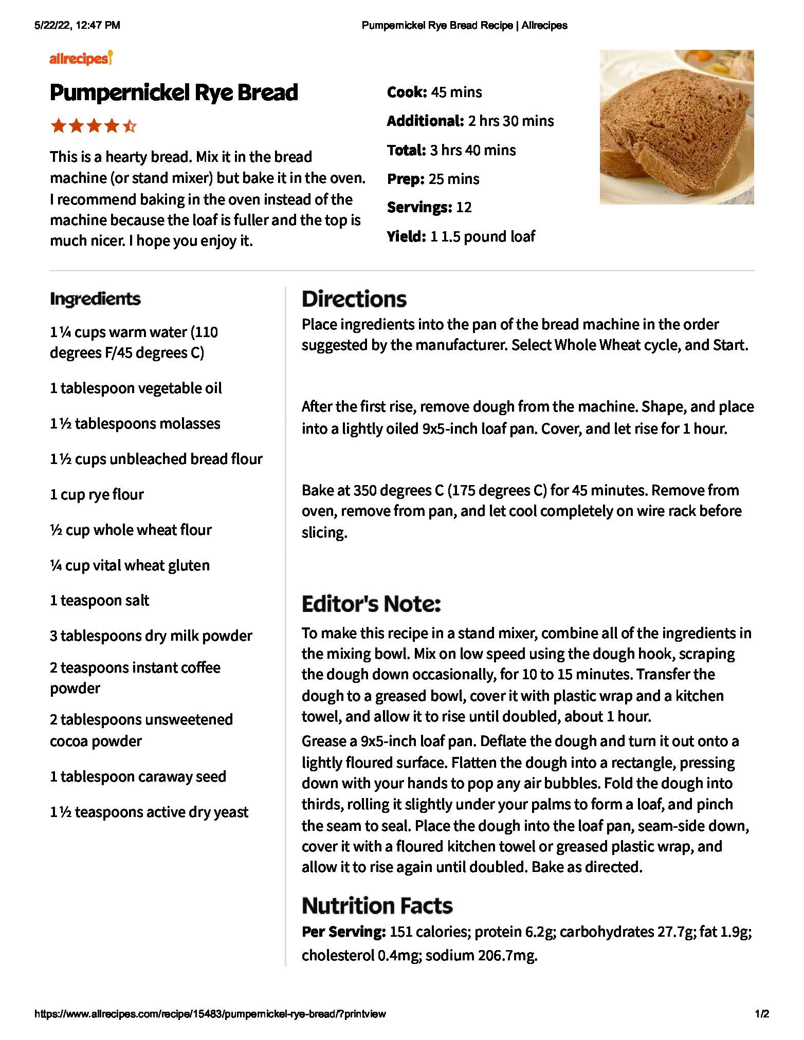 Pumpernickel Rye Bread Recipe