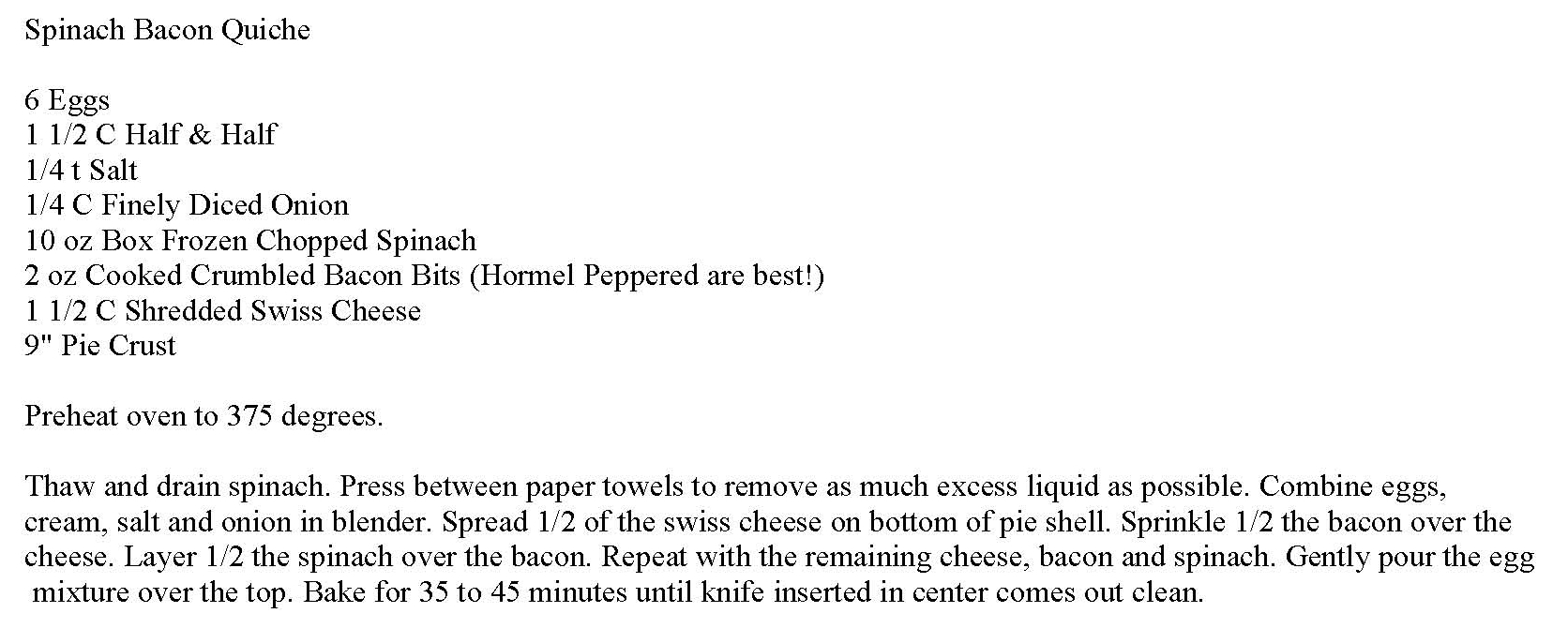 Spinach Bacon Quiche Recipe